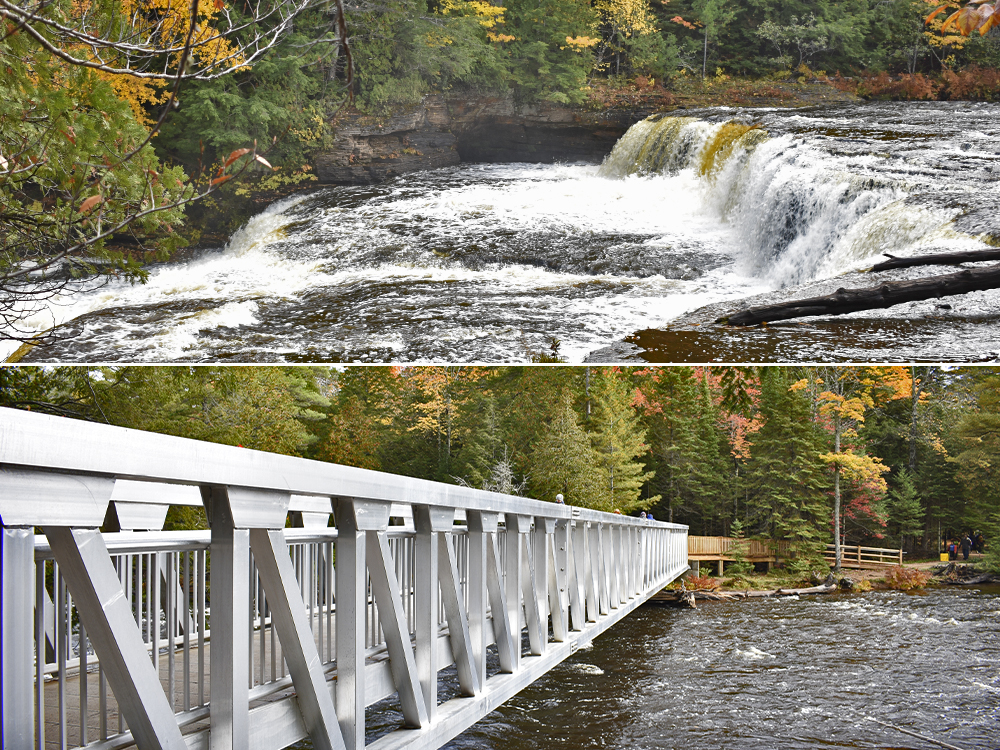 Waterfalls in the UP The Lower Tahquamenon Falls - waterfalls and bridge to island.